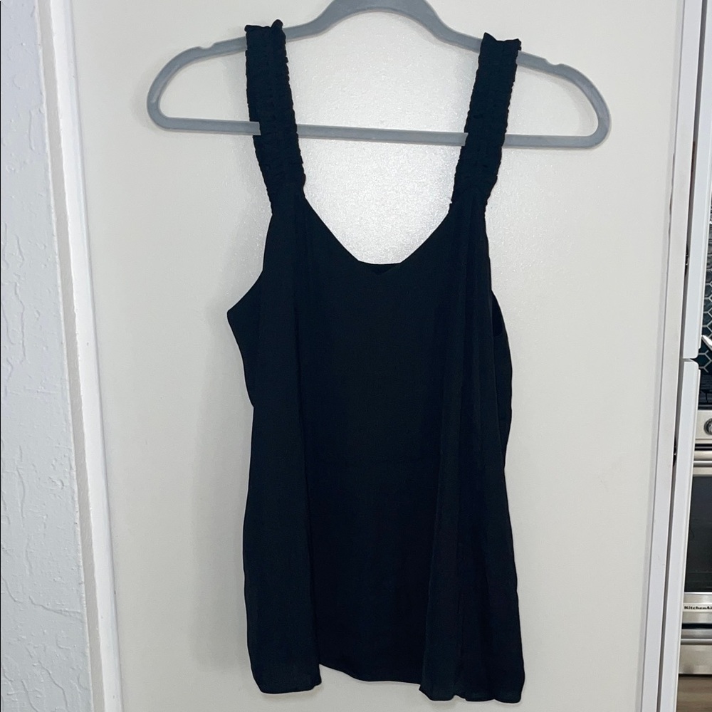 Naked Zebra Black Satin Tank Top Blouse with Ruffled Straps